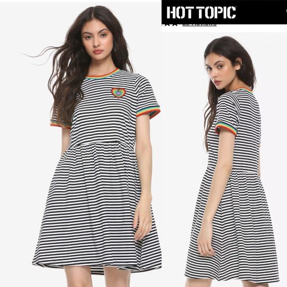 Hot Topic Dresses & Skirts - Hot Topic Striped Ringer Skater Mini Dress Sz Small Rainbow Heart Patch
